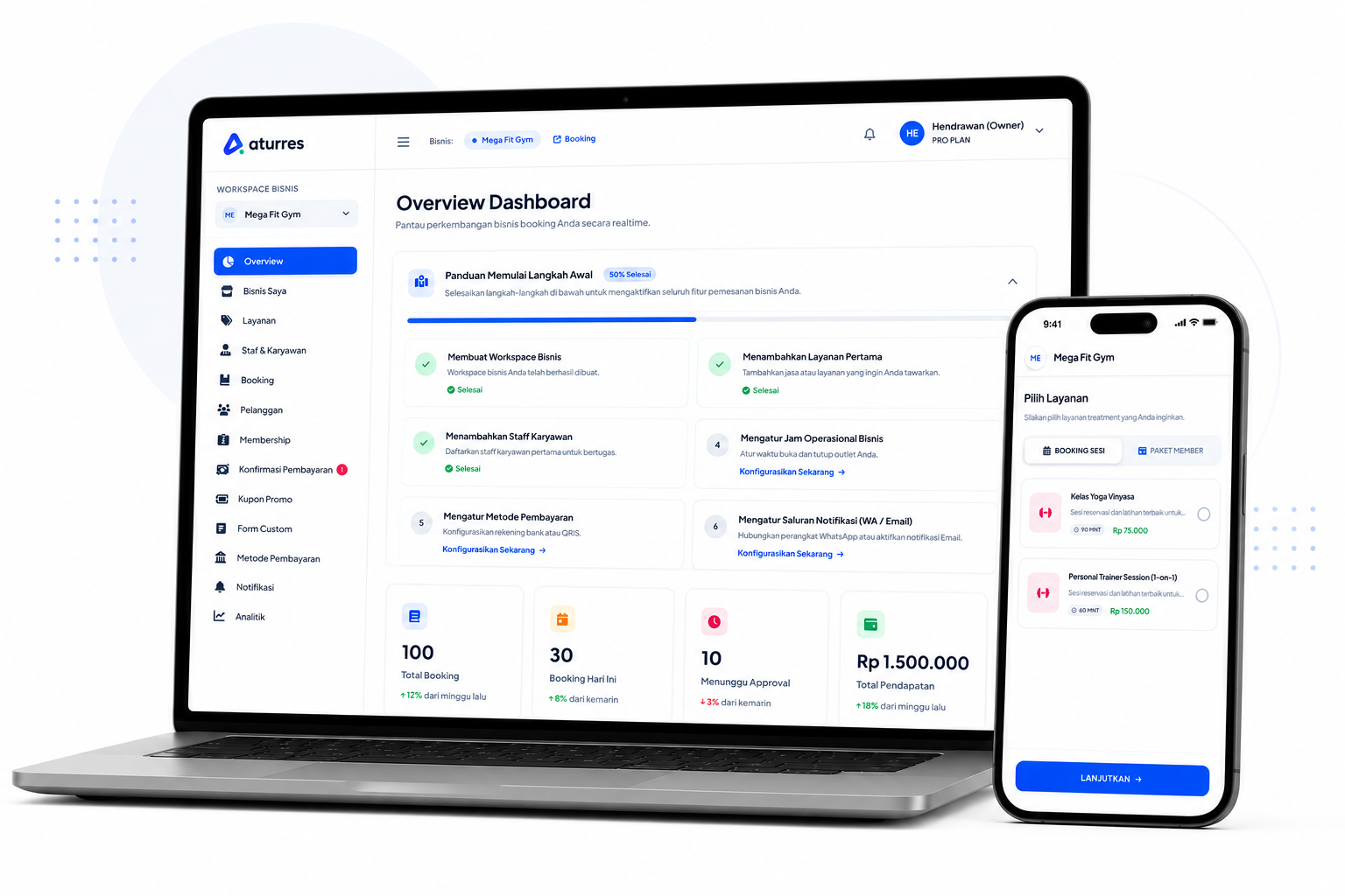 Aturres online booking dashboard showing appointments, calendar, and business management interface
